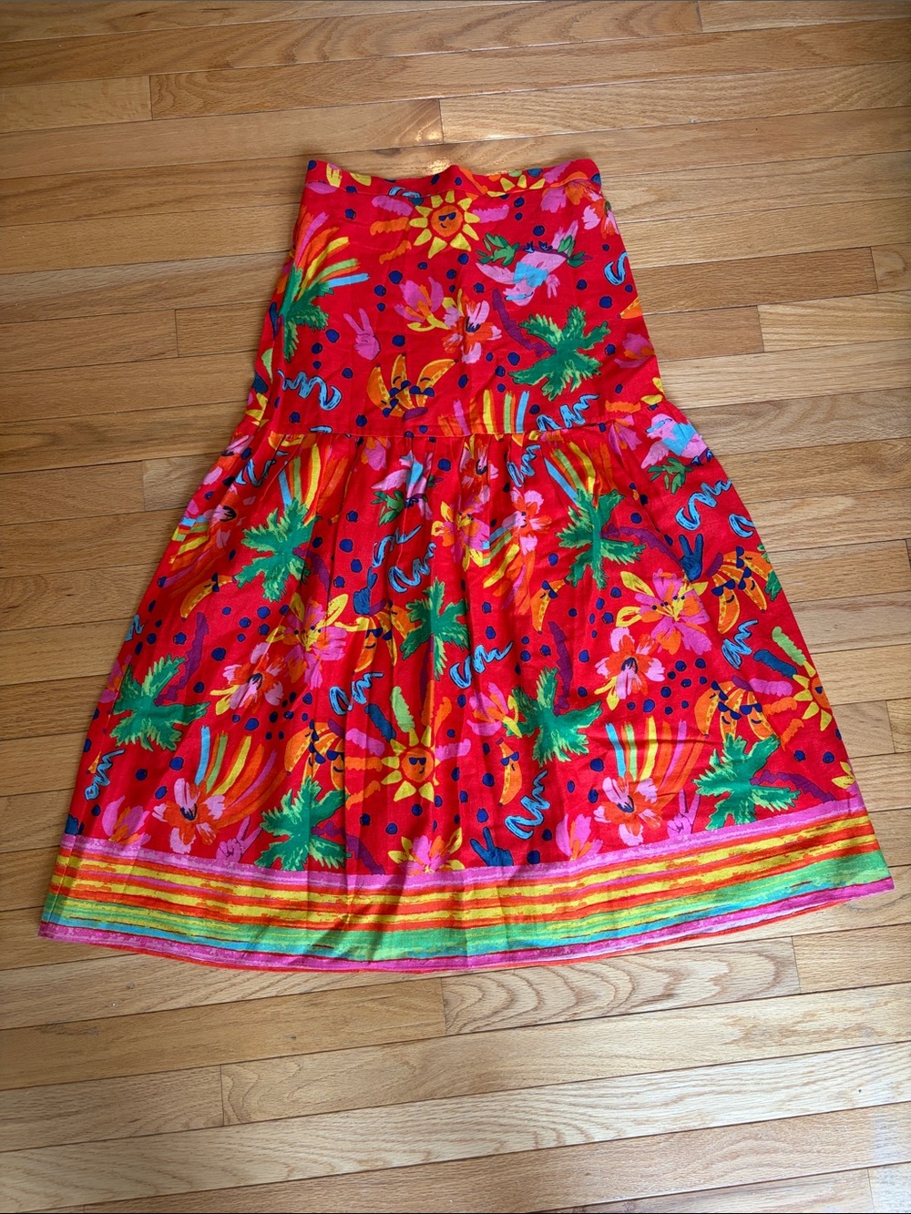 Women’s Bright Red Tropical Print Linen Midi Skirt